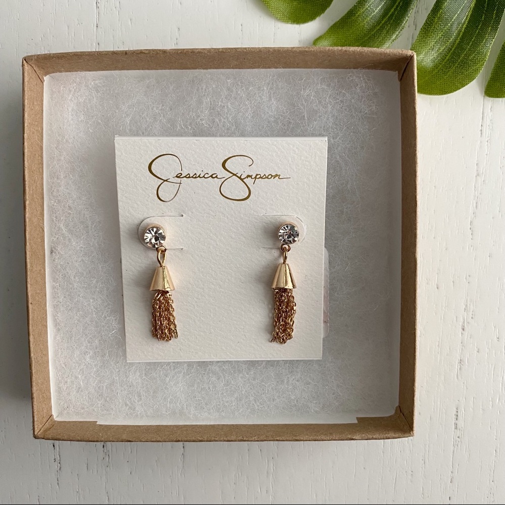 New Gold Tone Rhinestone Drop Dainty Tassel Earrings